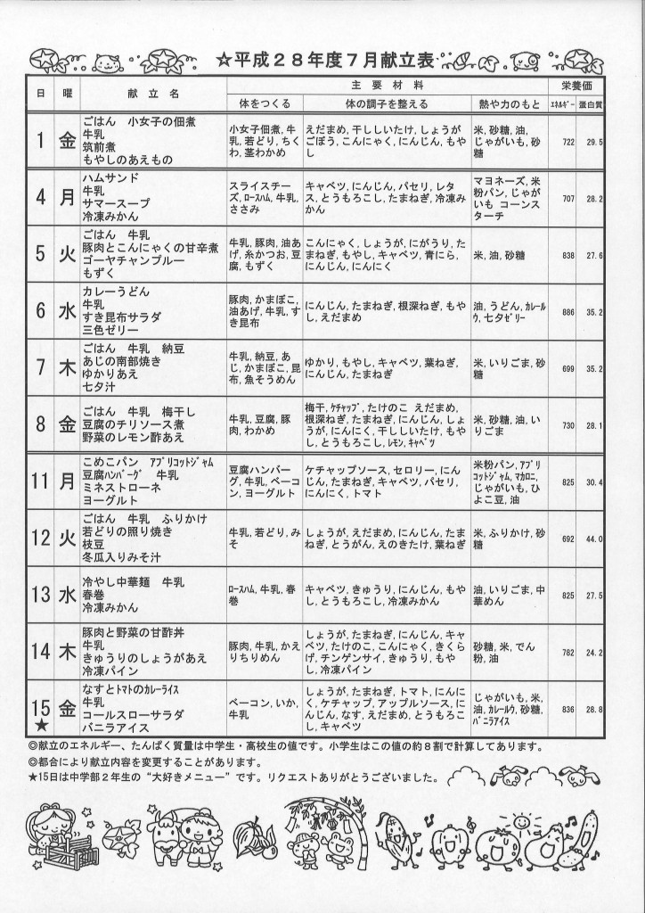 H28献立表　7月